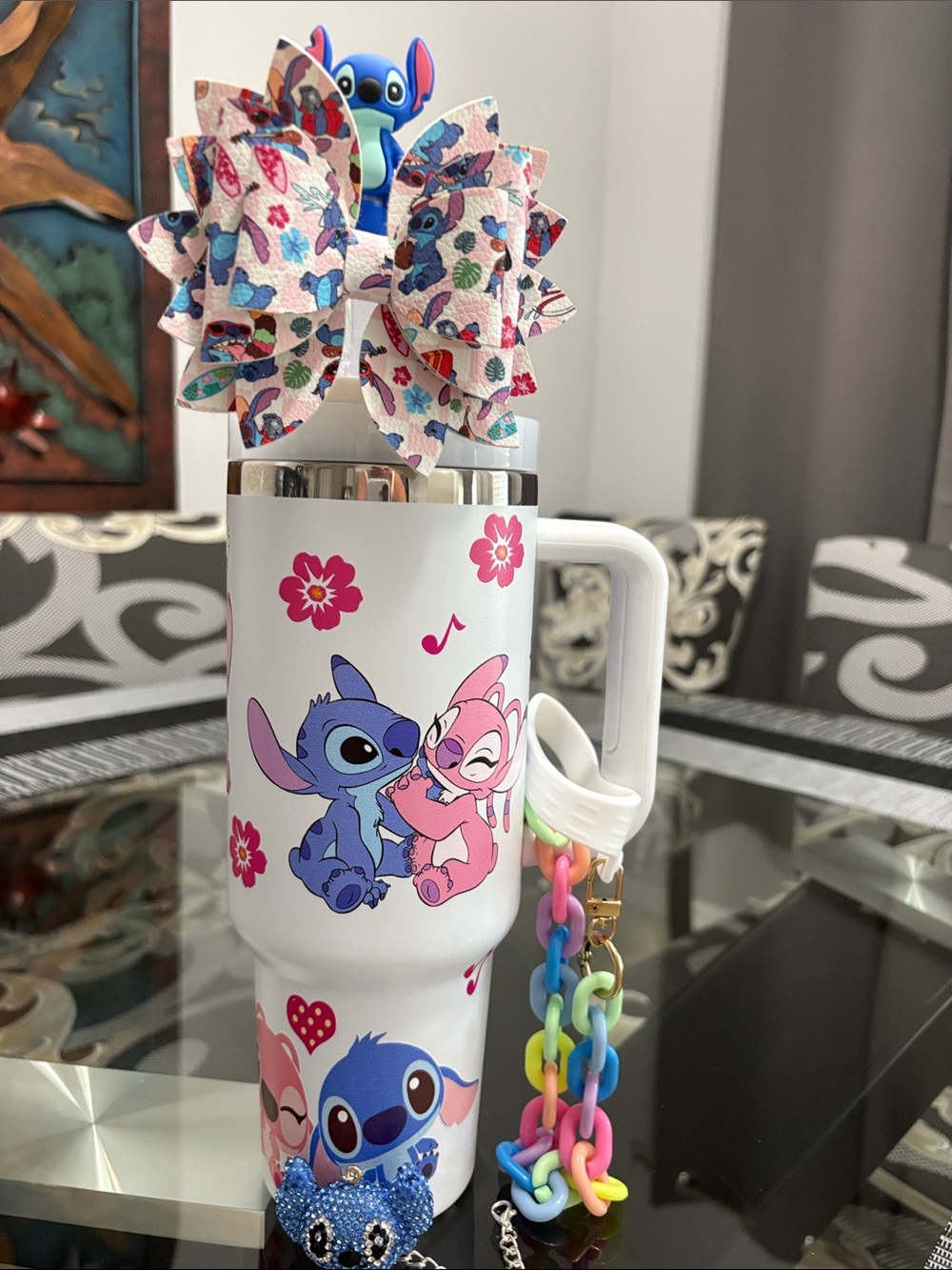 Disney Stitch White Floral 40oz Tumbler w/accessories